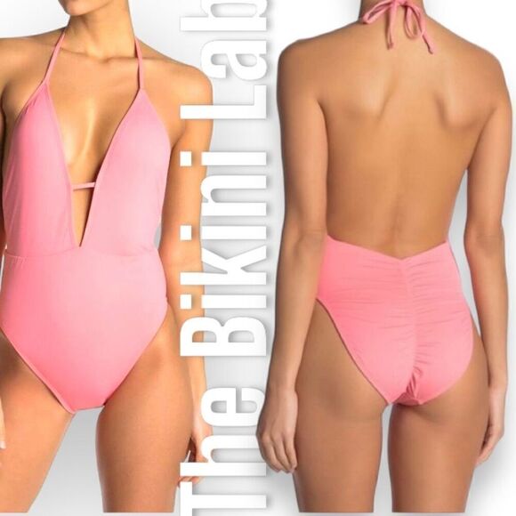 The Bikini Lab Rack Solid Plunge Shirred Booty One-Piece Halter Women’s Medium - Picture 1 of 12